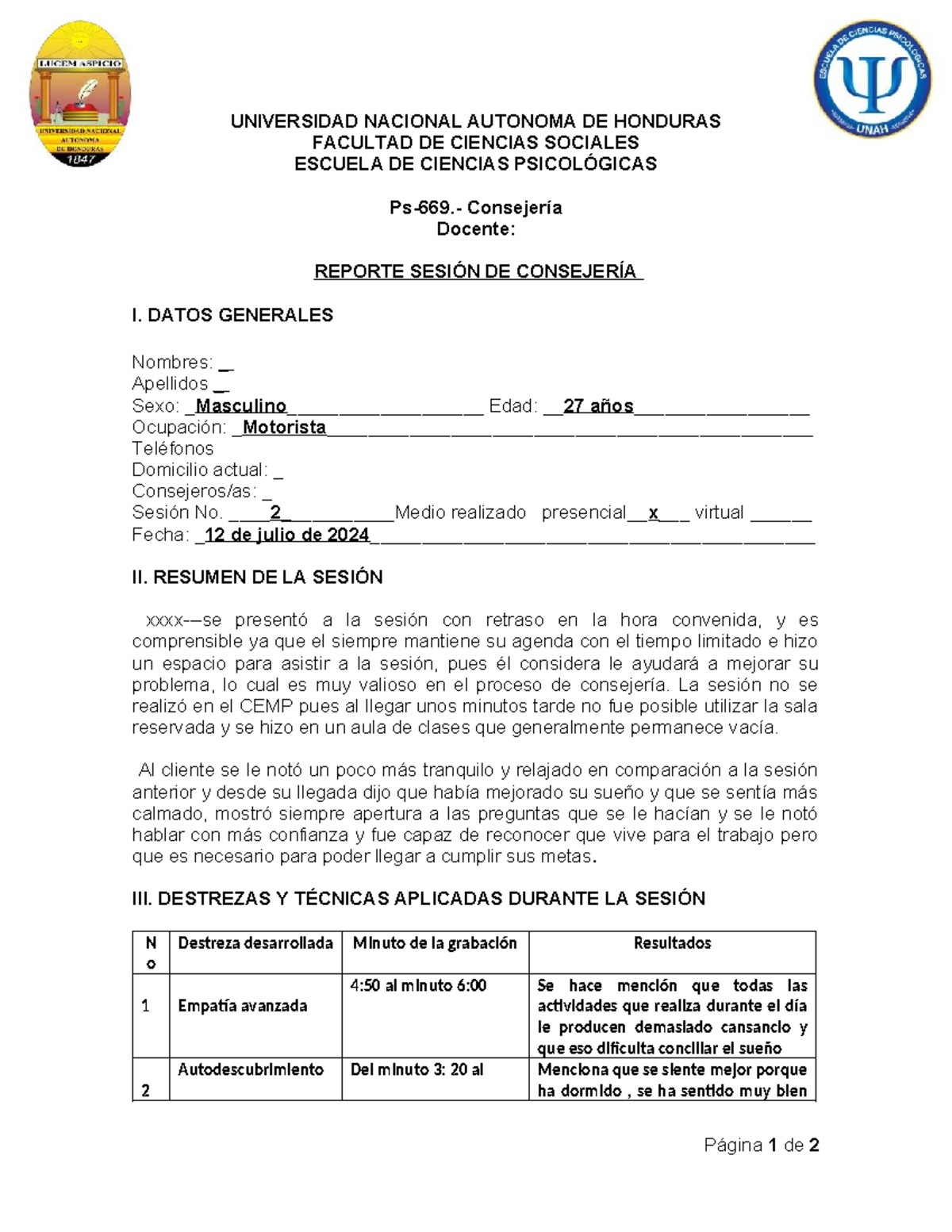 Informe de Sesión de Consejería I - UNAH - Studocu