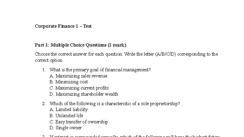 Corporate Finance 1 Test: MCQs & Calculations Review - Studocu