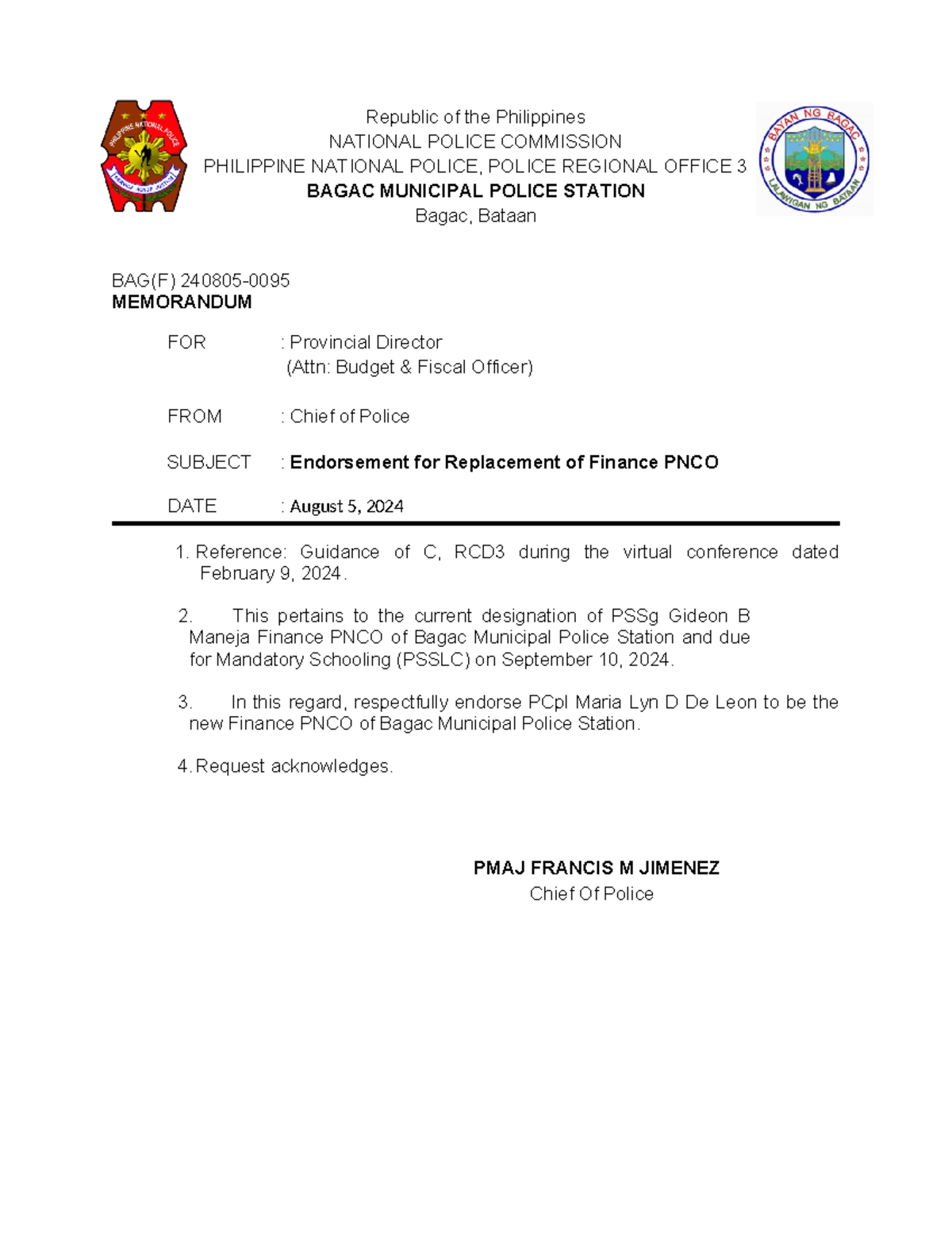 Endorsement for Finance PNCO Replacement - Bagac Police Station - Studocu
