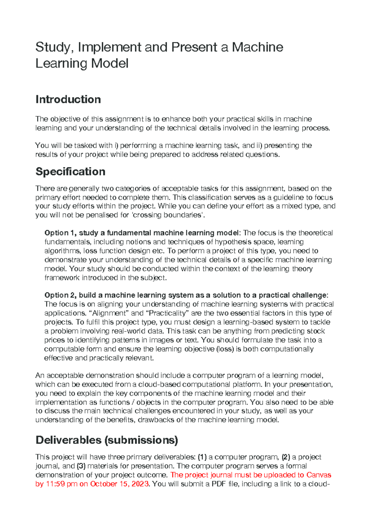 Machine Learning Project Specification (Course Code: ML2023) - Studocu