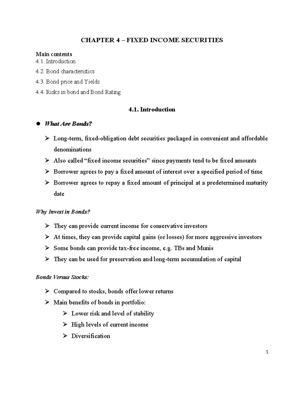 Chapter 4: Fixed Income Securities - Overview and Key Concepts - Studocu