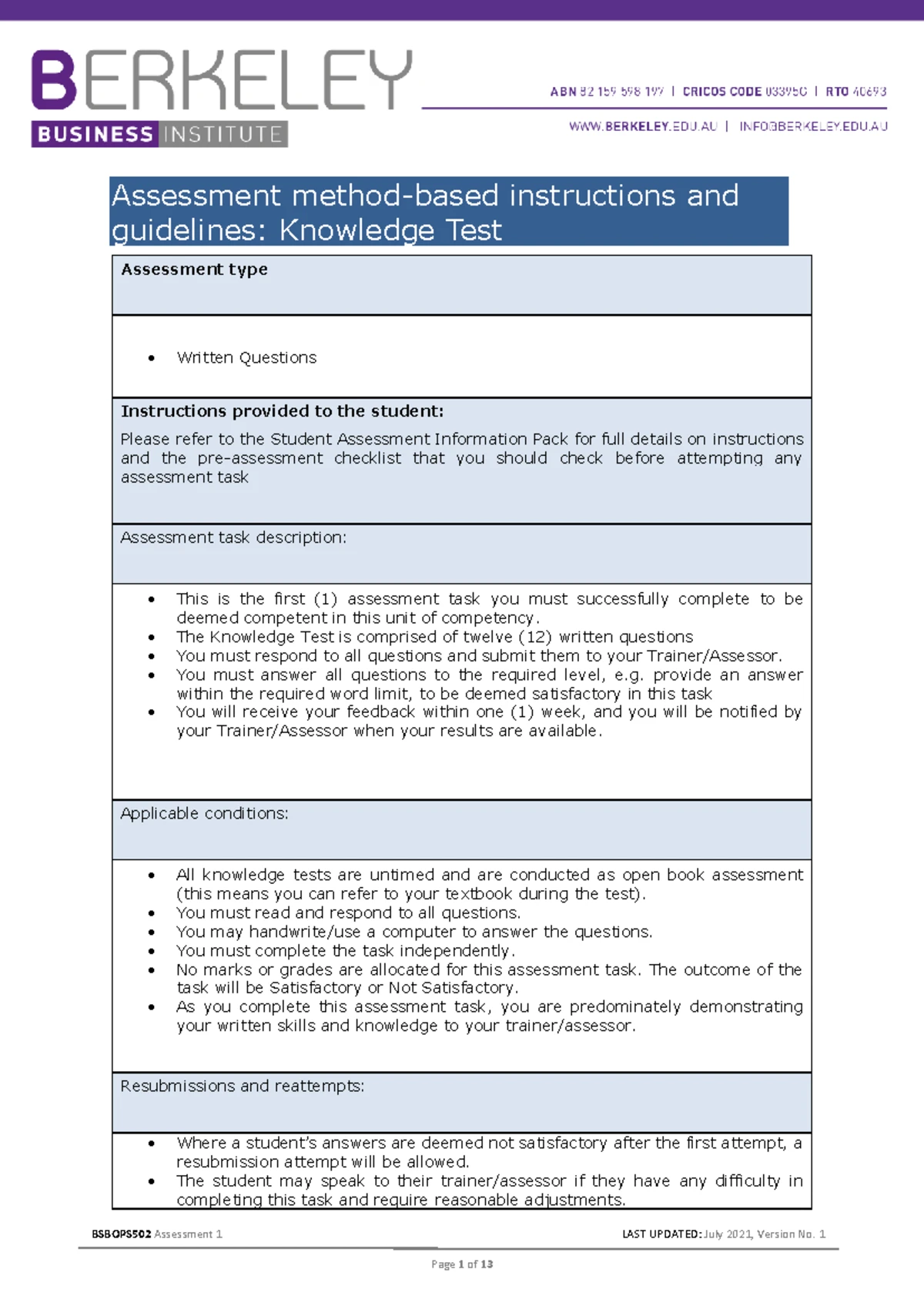 BSBOPS502 Written Assessment 1: Knowledge Test Guide and Instructions ...