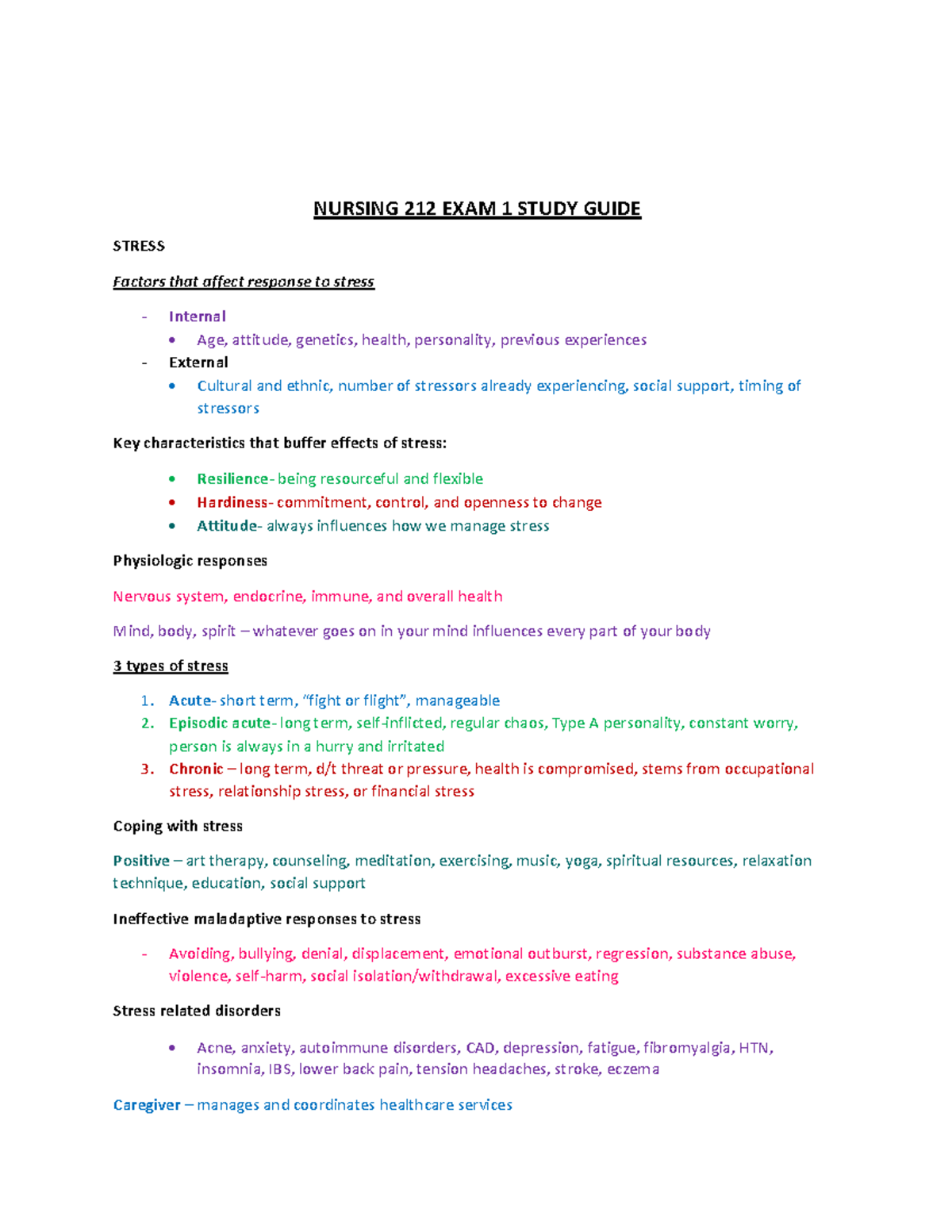 NUR212 Exam 1 Study Guide: Managing Stress and Palliative Care - Studocu