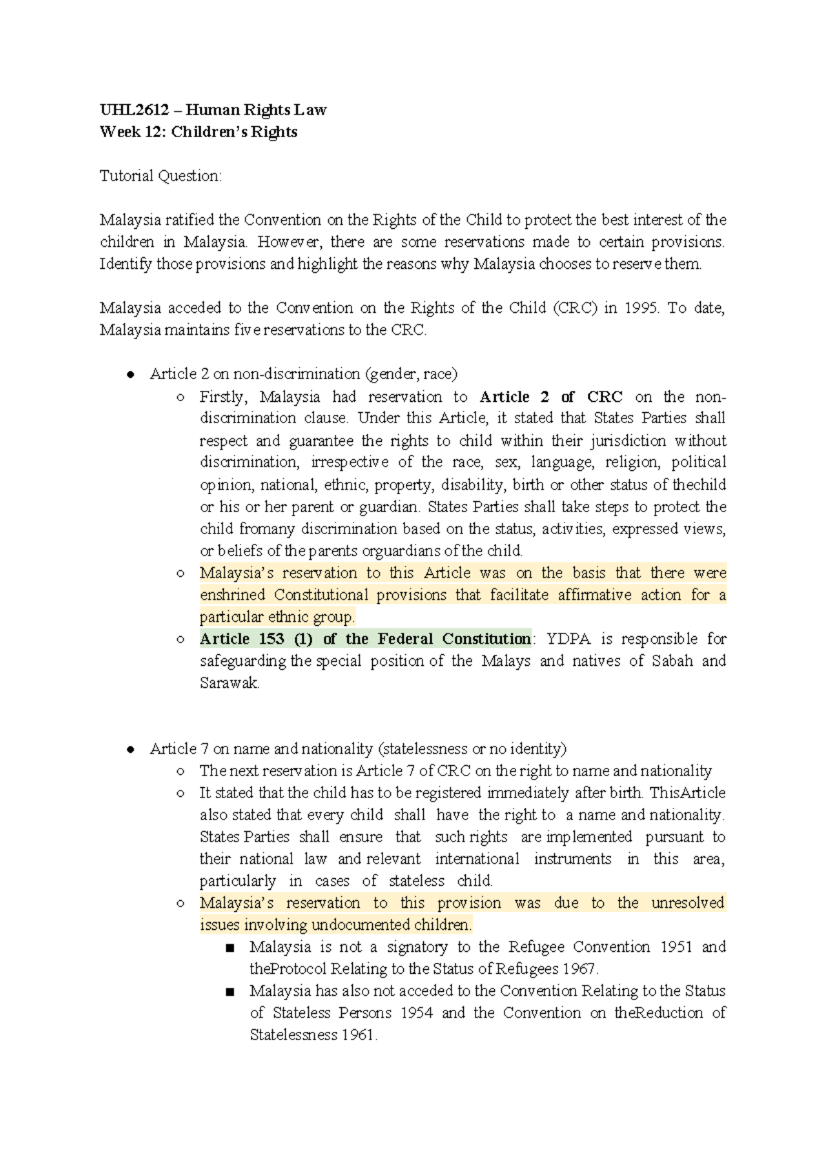 Children's Rights - UHL2612 – Human Rights Law Week 12: Children’s ...
