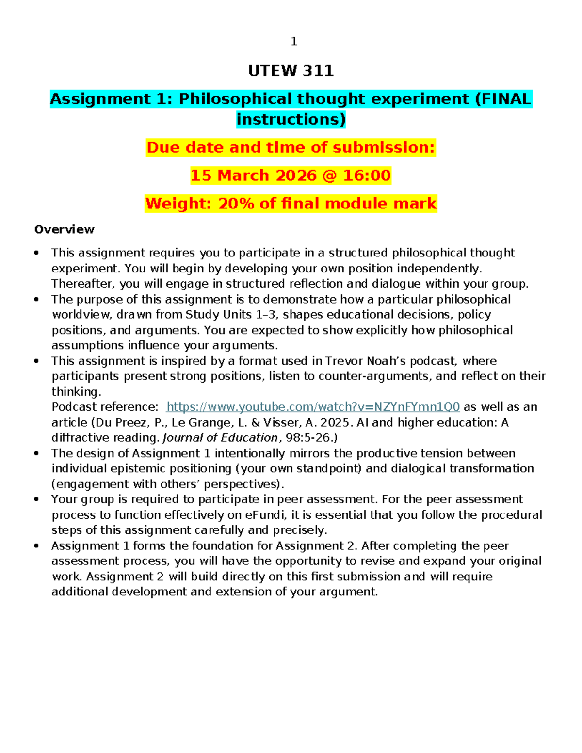 2026 UTEW 311 Assignment 1: Philosophical Thought Experiment Guide ...