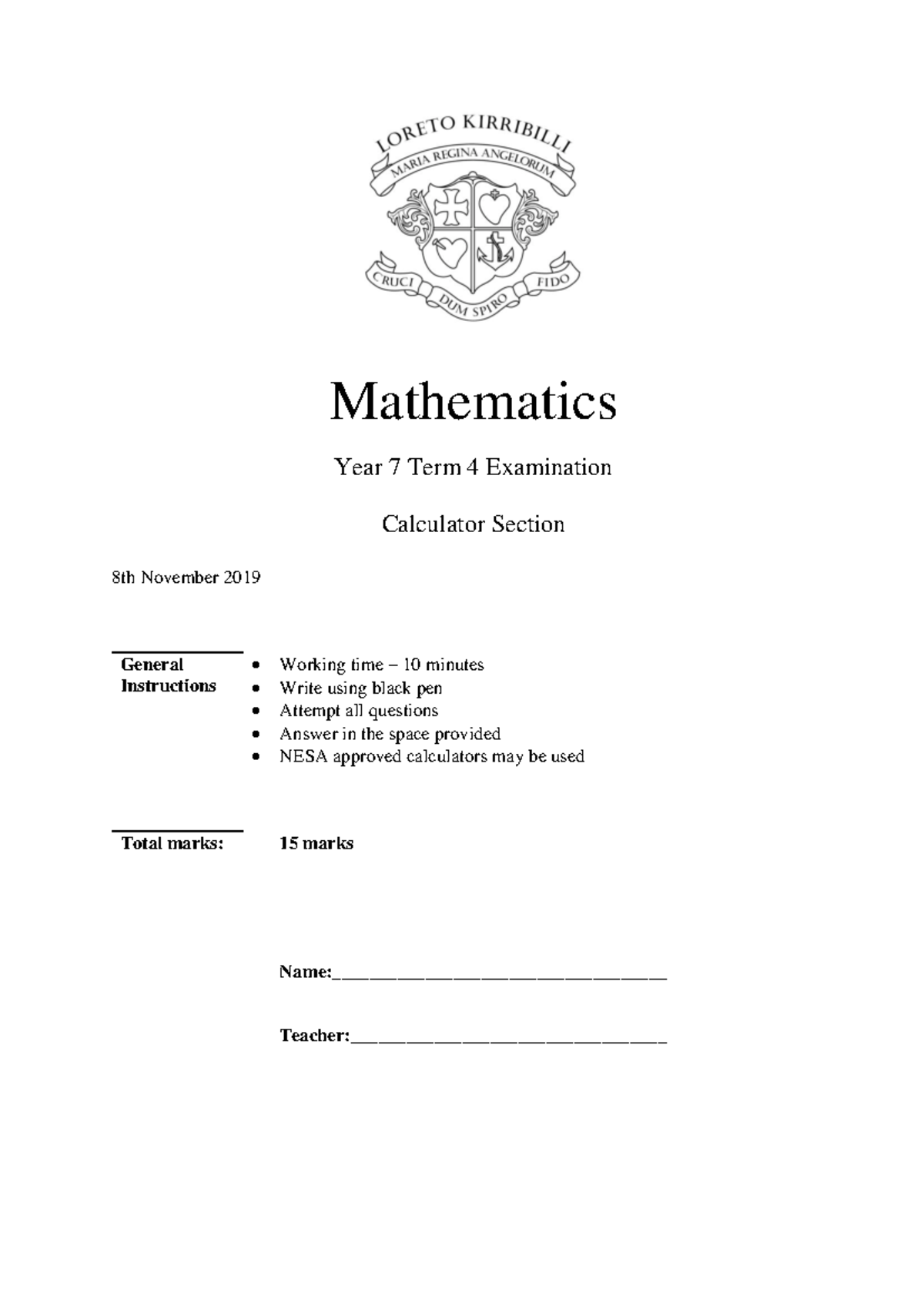 2019 Loreto Year 7 Mathematics Term 4 Exam - Calculator & Non ...