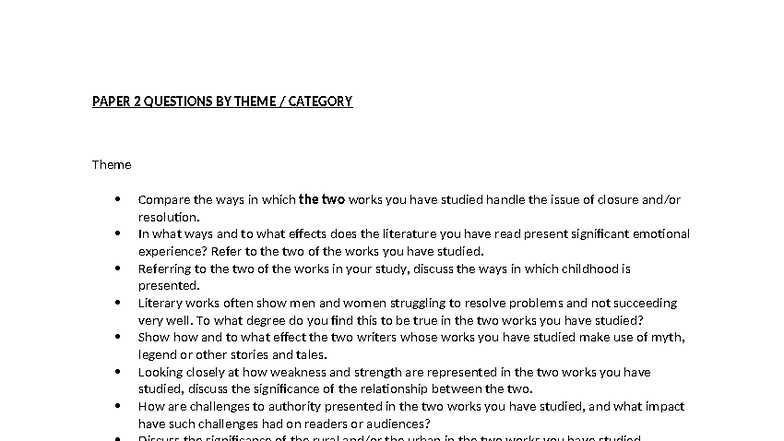 PAPER 2 QUESTIONS: Comparative Analysis of Literary Works - Studocu