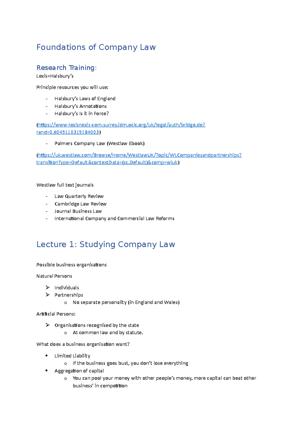 Foundations of Company Law (Law 101) Lecture Notes - Studocu