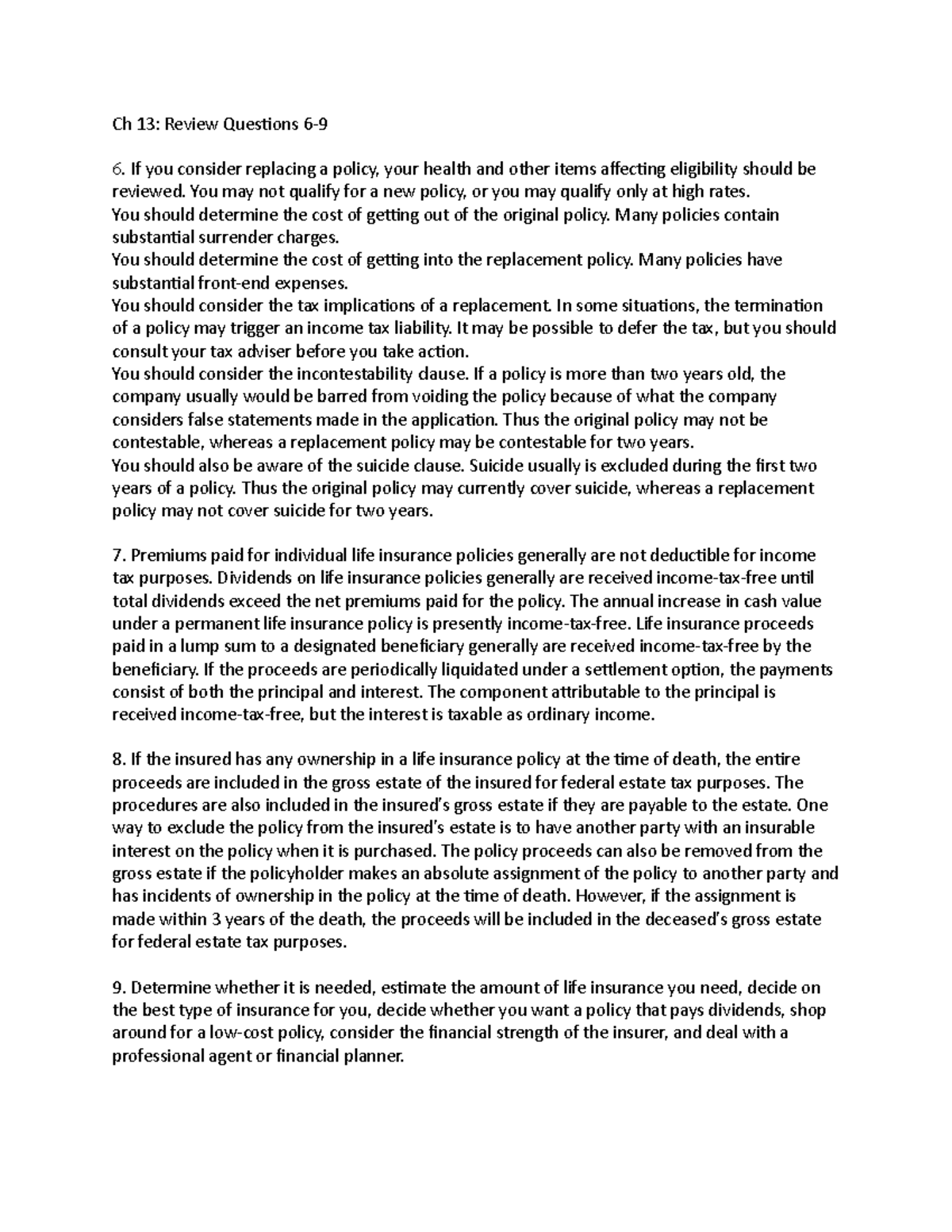 Ch 13 - Life Insurance Policy Replacement Notes and Review - Studocu