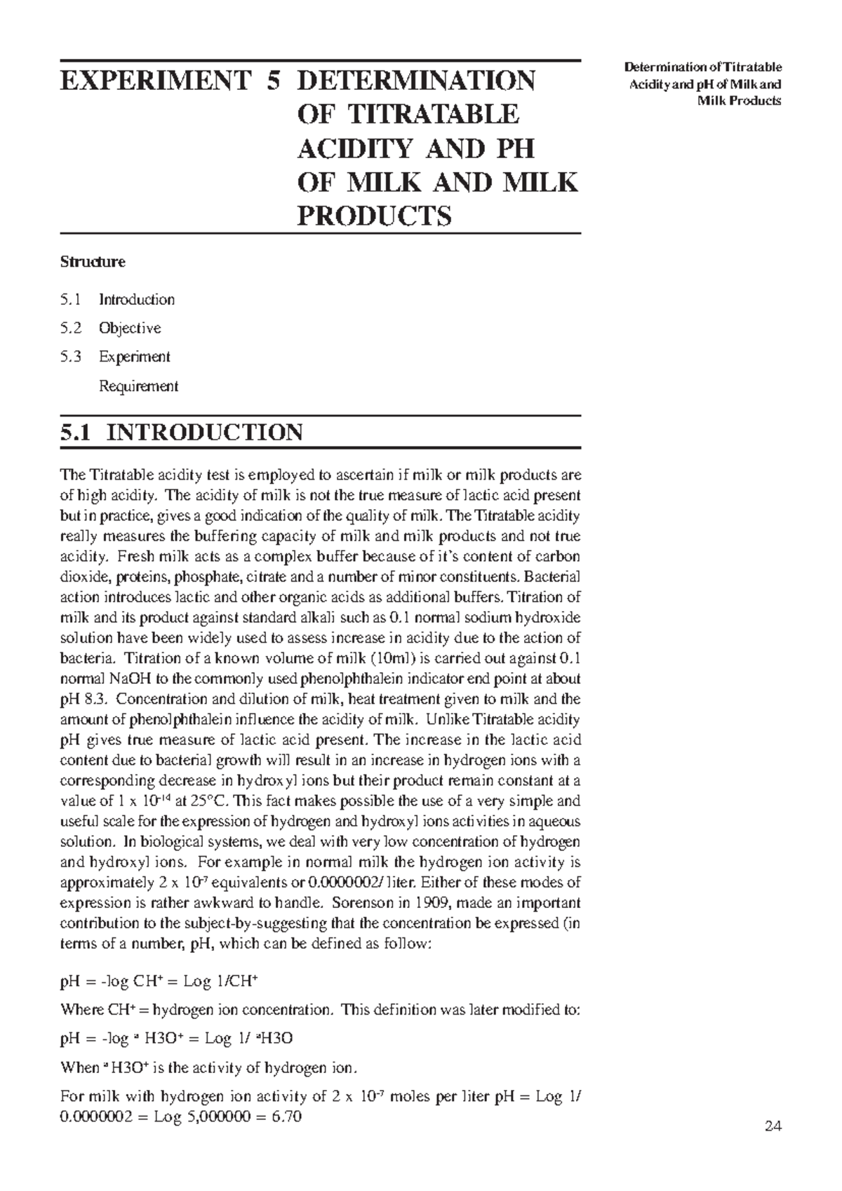 Experiment 5: Determination of Titratable Acidity & pH in Milk - Studocu