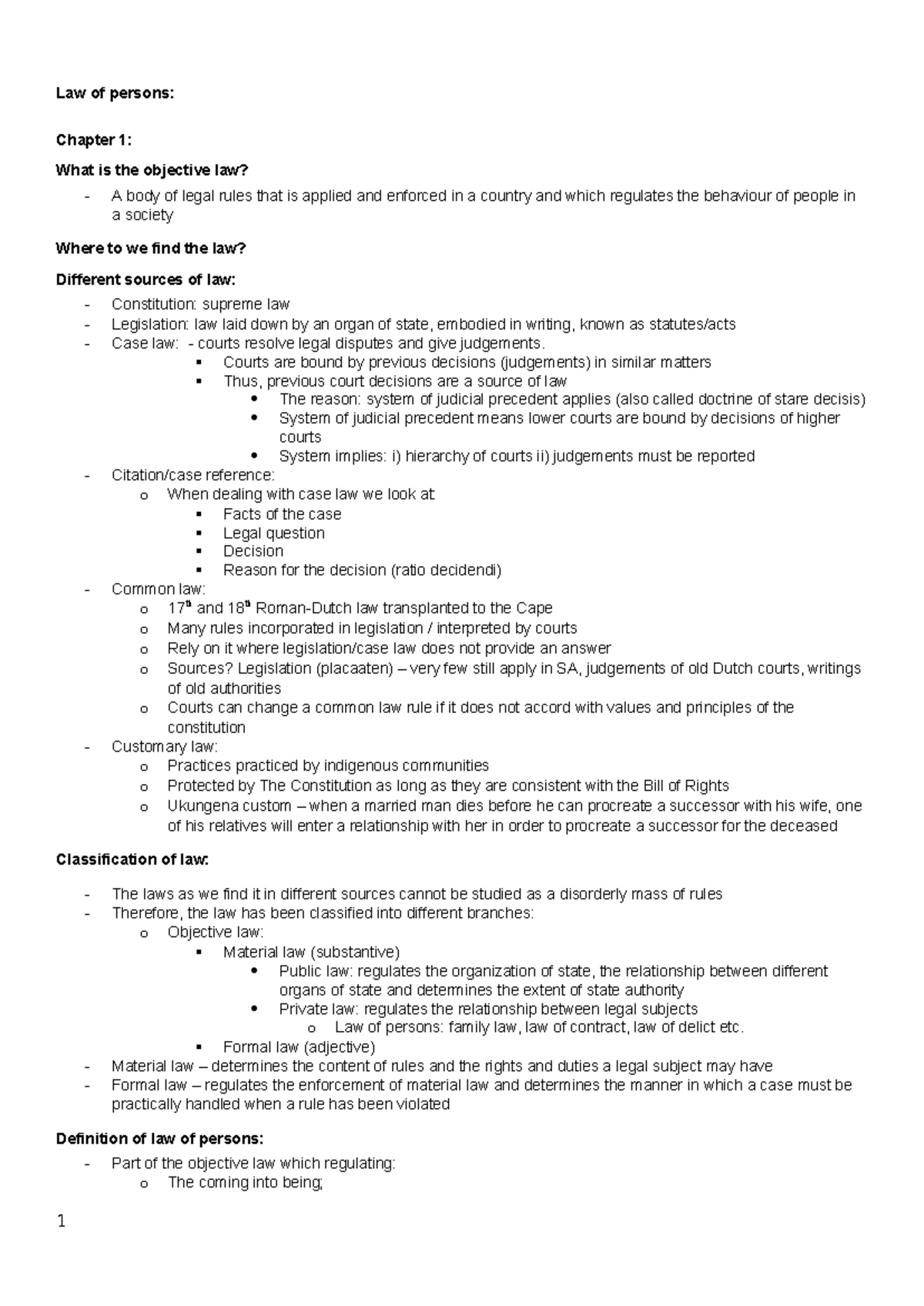Law of Persons: Chapter 1 - Objective Law Overview for Exam (LWP101 ...