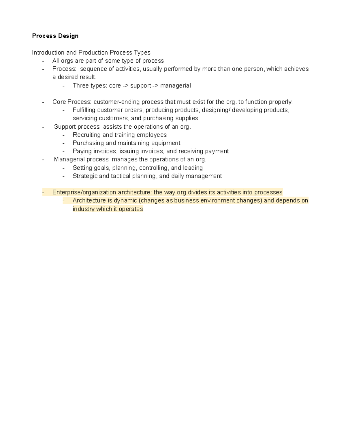 Process Design Notes: Introduction to Core, Support, and Managerial ...