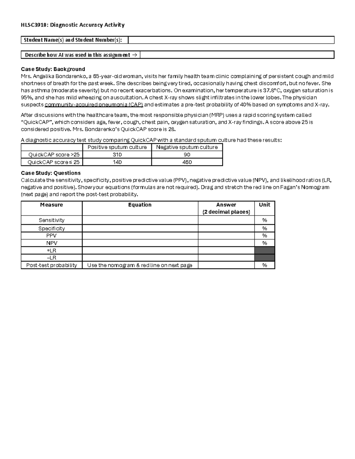 HLSC3910: Diagnostic Accuracy Case Study & Analysis Questions - Studocu