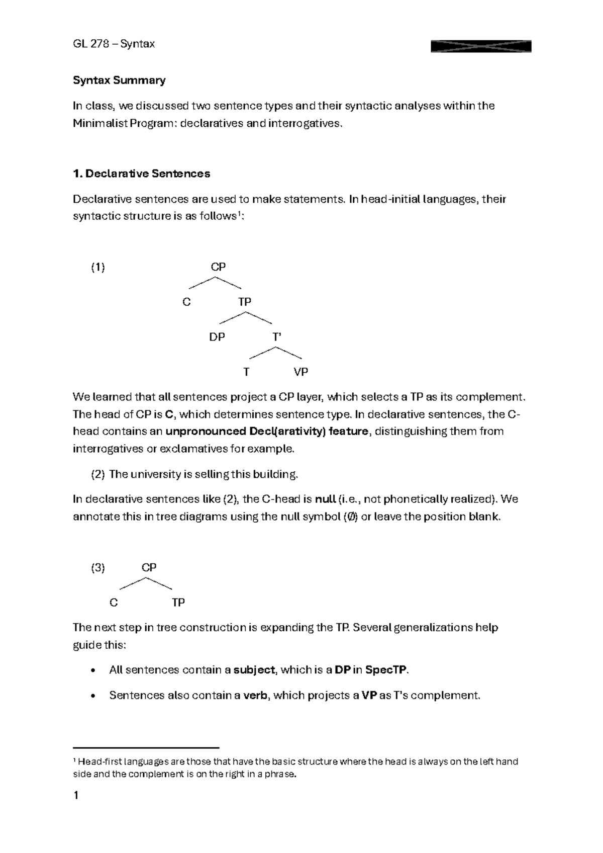 GL 278 Syntax Course Summary: Declaratives & Interrogatives - Studocu