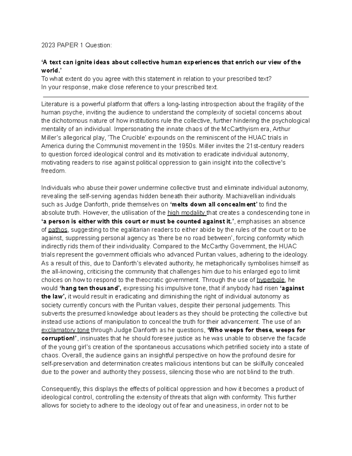 2023 ENG101 Final Exam: The Crucible and Political Oppression - Studocu
