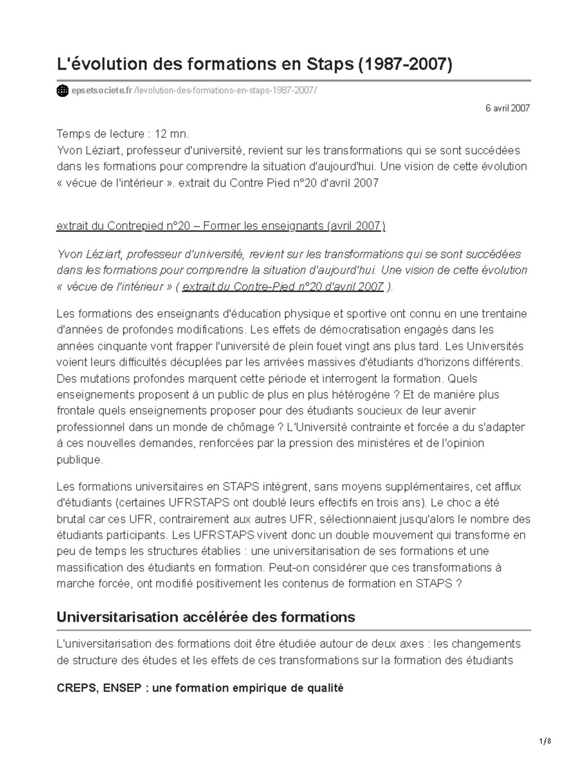 STAPS 1987-2007 : Évolution des Formations et Impact sur l'Enseignement ...