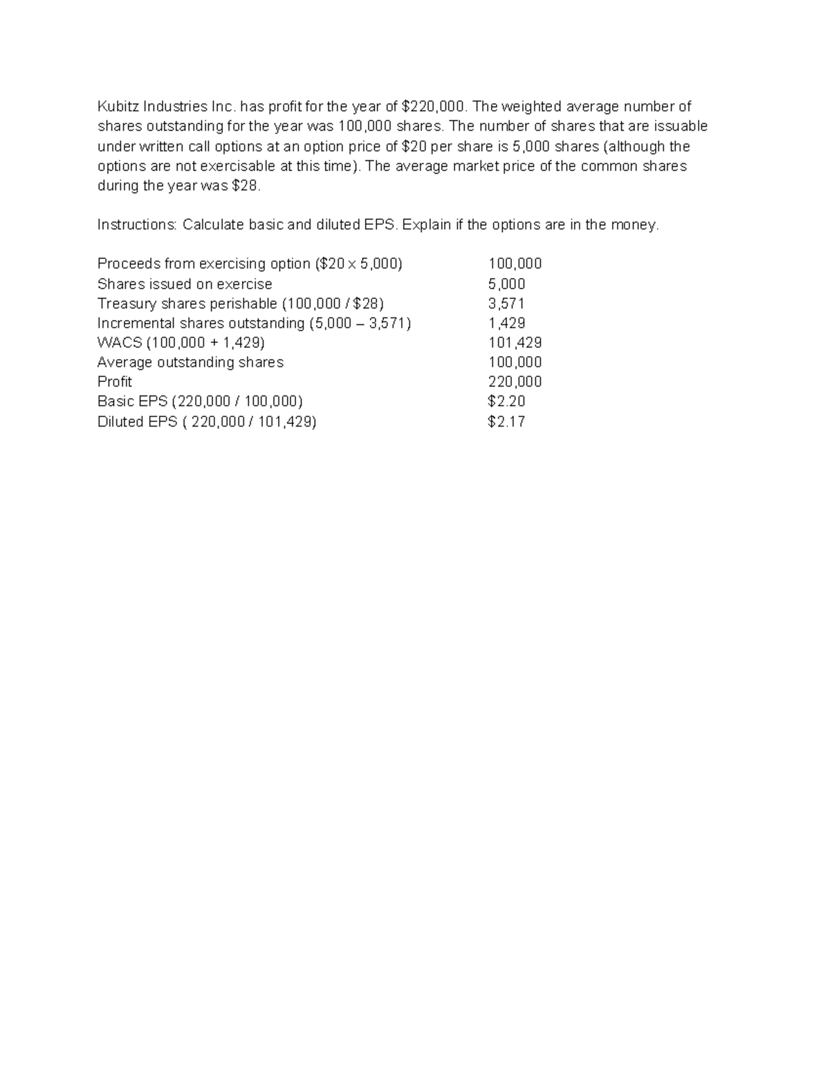 Treasury Stock Method Example: Calculating Basic & Diluted EPS - Studocu