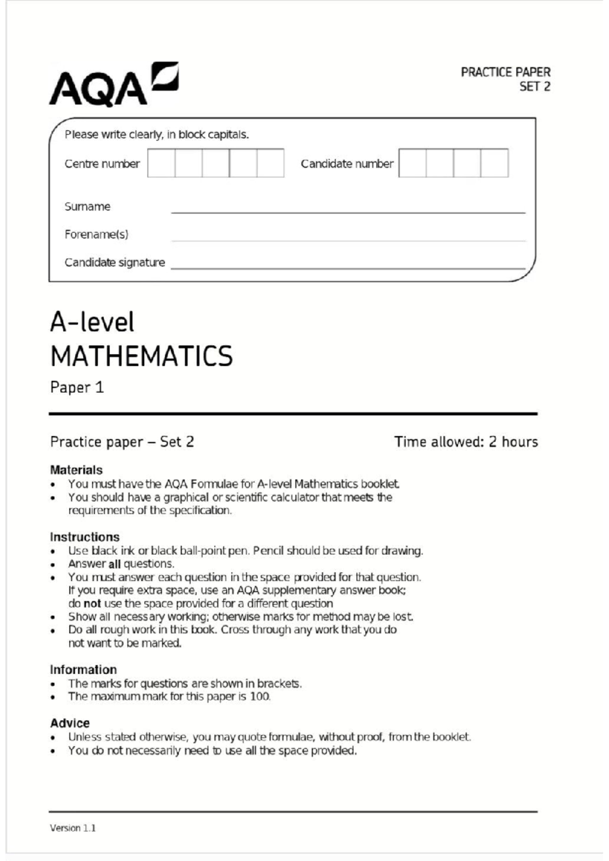 AQA A-Level Maths Paper 1 Practice Paper Set 2 - Studocu