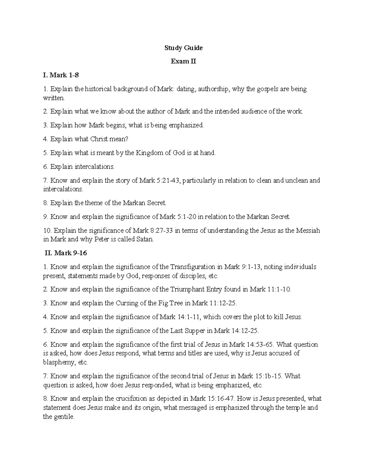 Study Guide for NT Gospels Exam II: Insights on Mark, Matthew, Luke ...