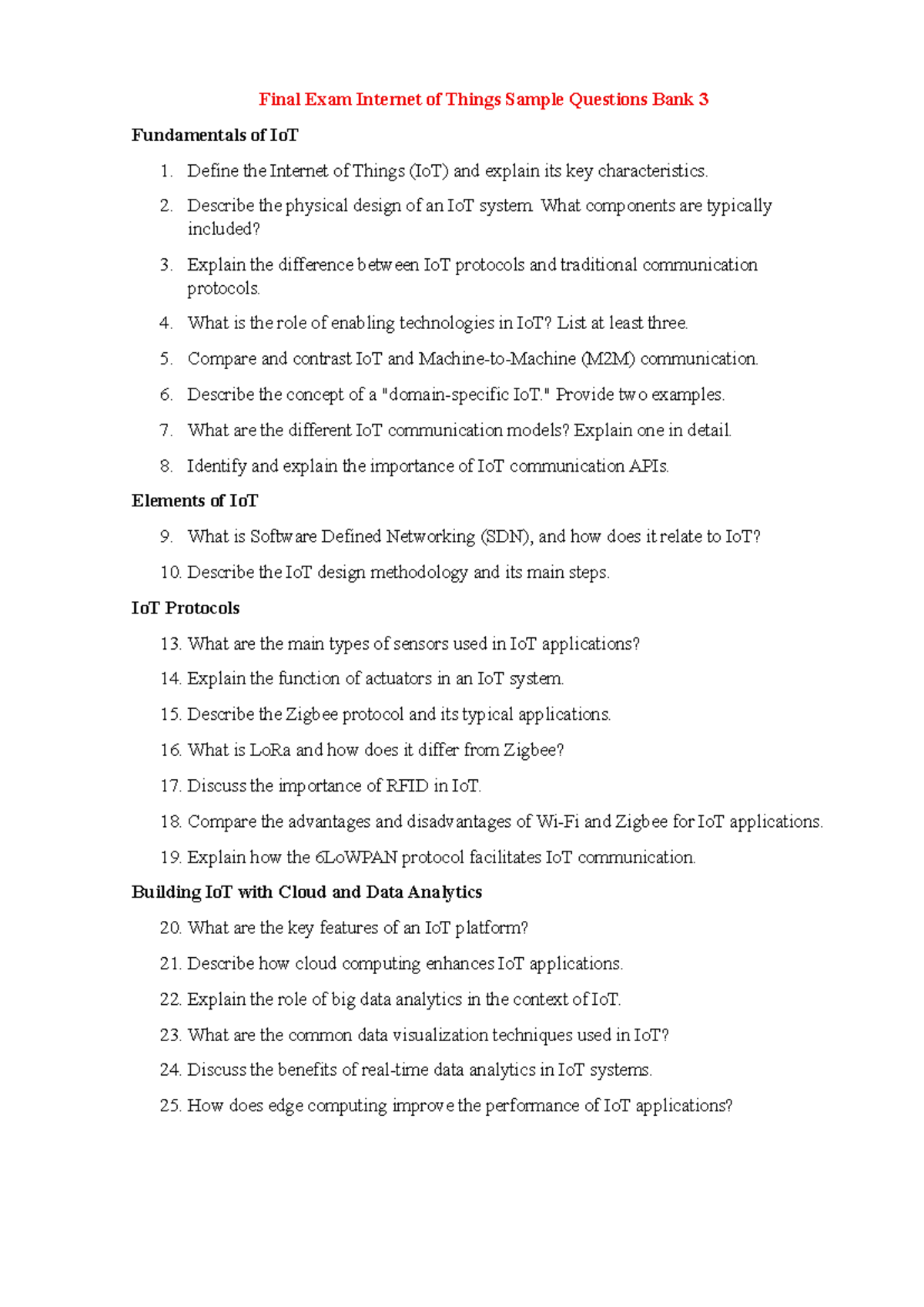 Final Exam IoT Sample Questions Bank 3: Key Concepts & Protocols - Studocu