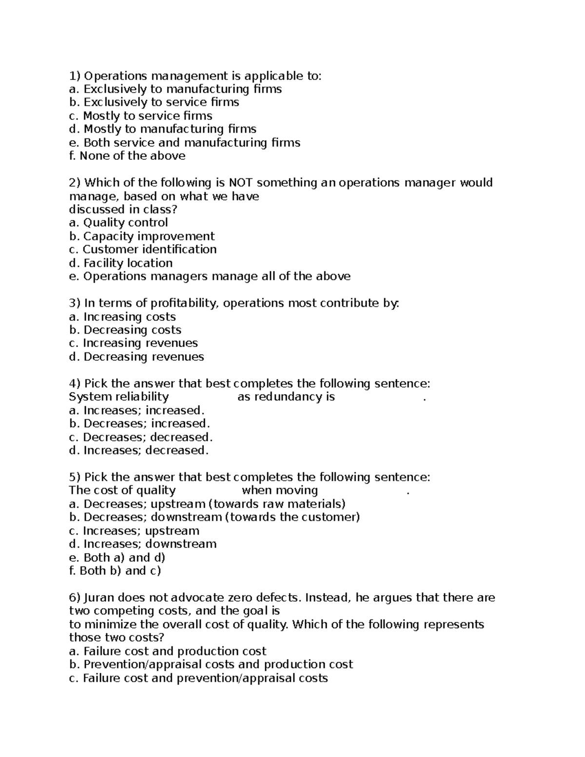 Operations Management Quiz (Course Code: OM101) - Key Concepts and ...