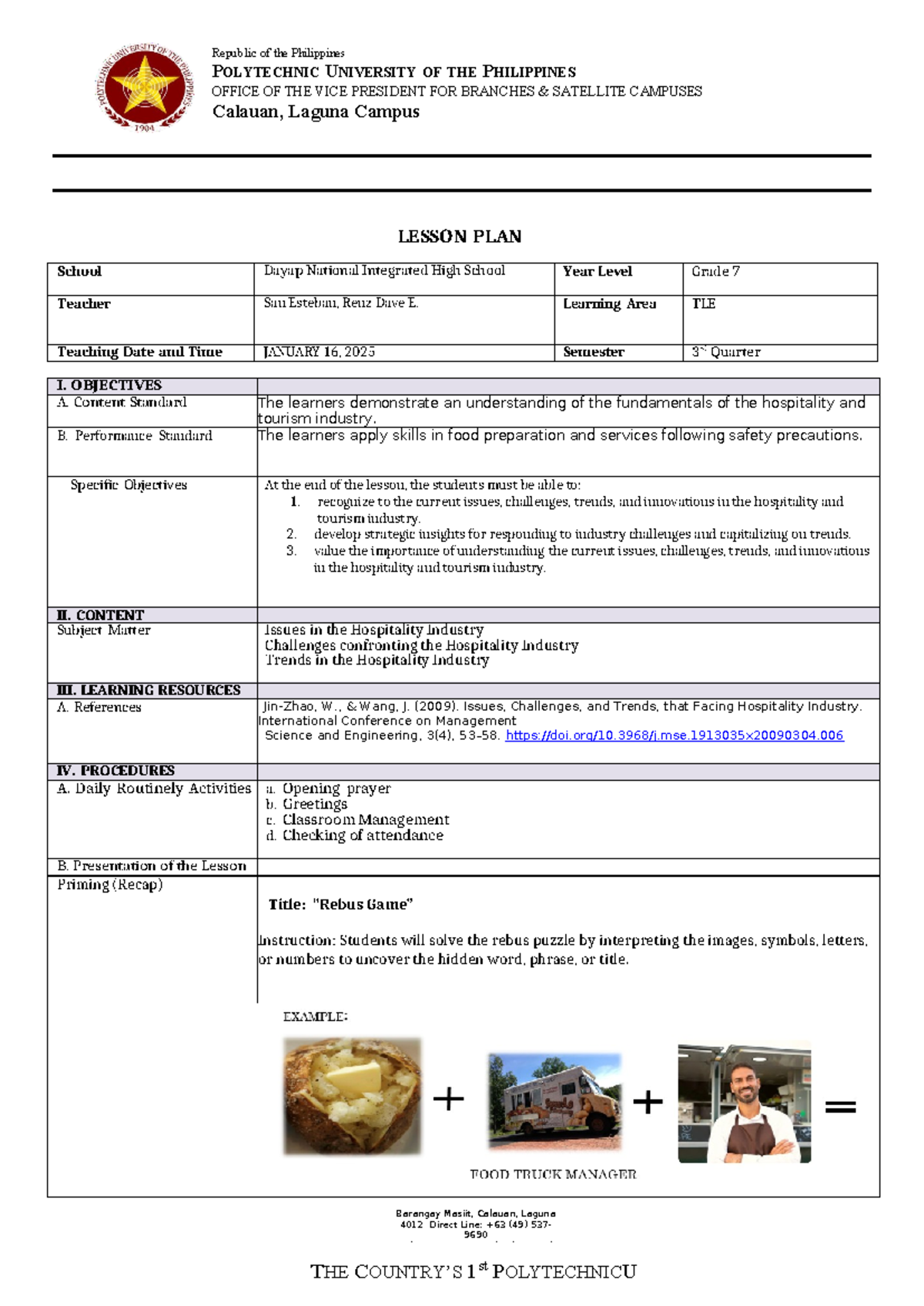 TLE 7 Lesson Plan: Issues, Challenges, and Trends in Hospitality ...