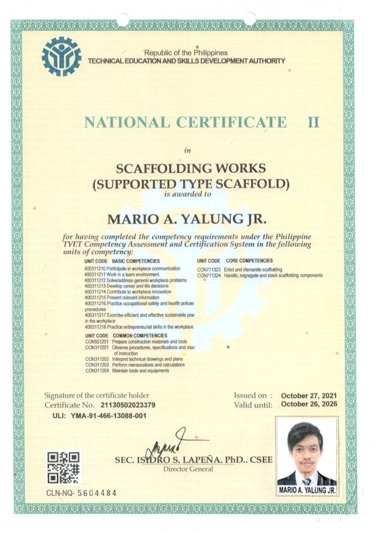 NC II Certificate in Scaffolding Works for Mario A. Yalung Jr. - Studocu