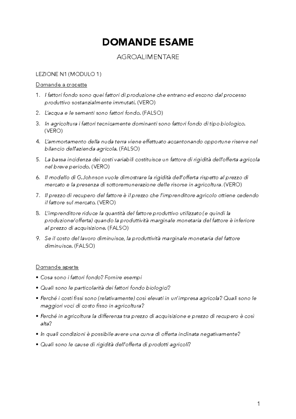 Domande e Risposte per l'Esame di Agroalimentare - Modulo 1 e 2 - Studocu