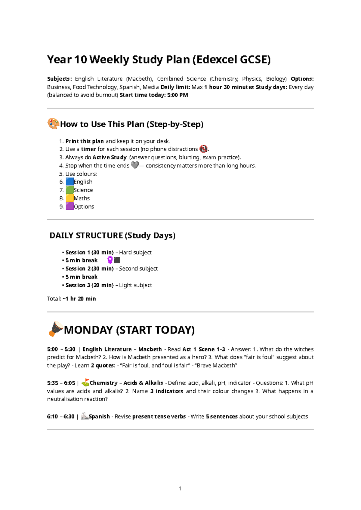 Year 10 Weekly Study Plan (Edexcel GCSE) for English & Science - Studocu