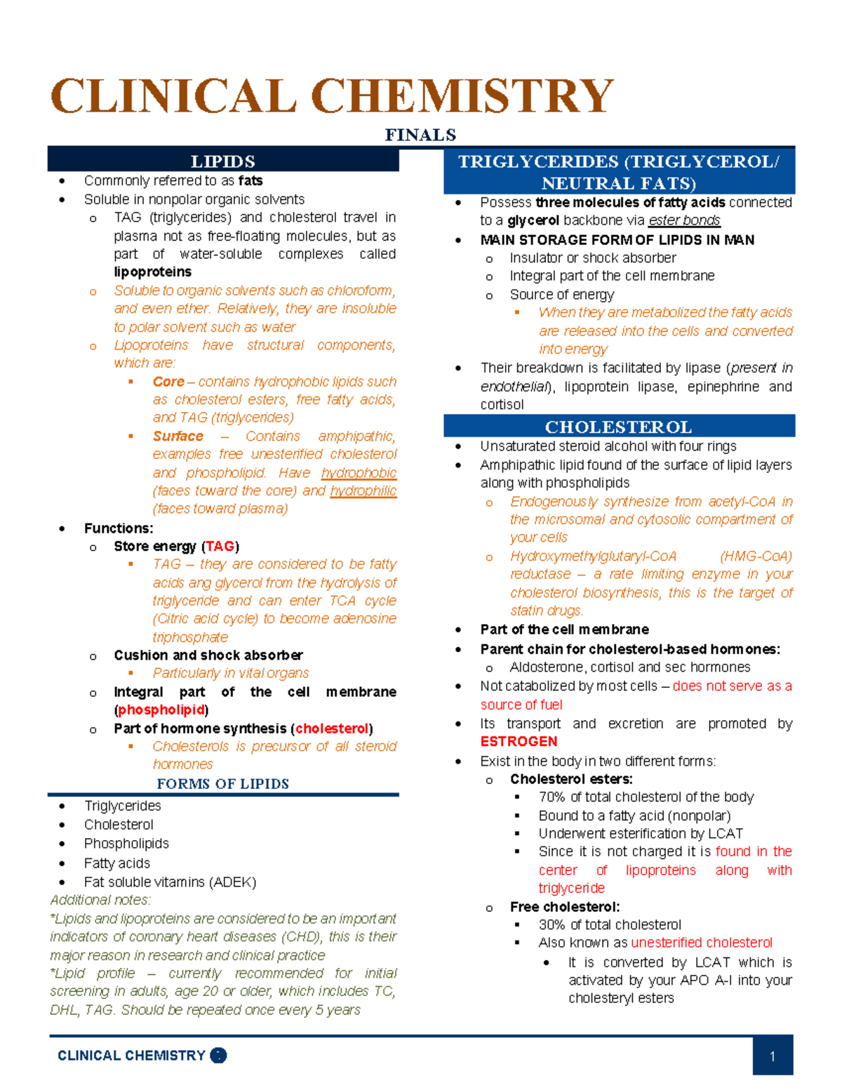 CC - Clinical Chemistry Finals: Lipids and Lipoproteins Overview - Studocu