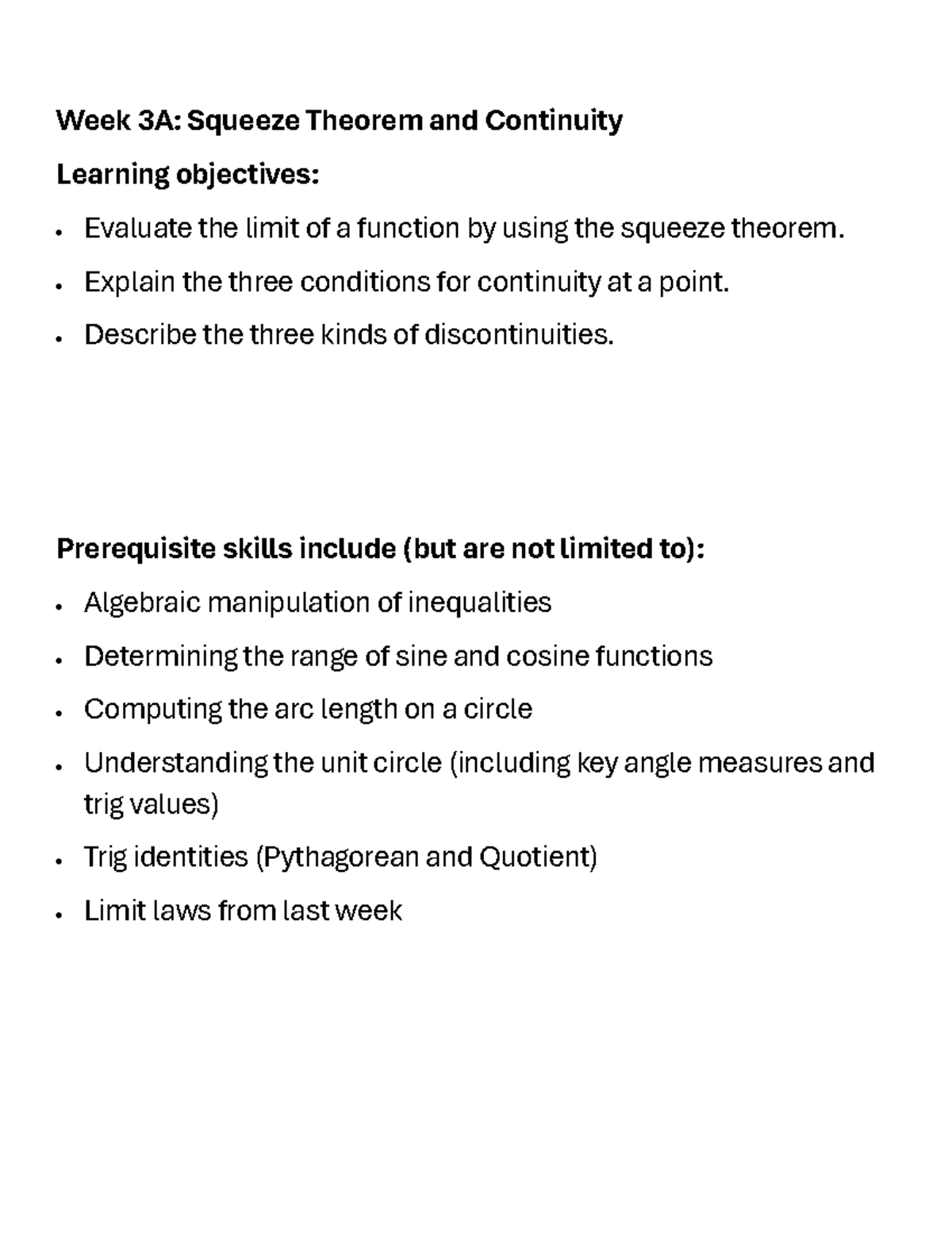 Week 3A: Squeeze Theorem, Continuity & Trig Limits Overview - Studocu