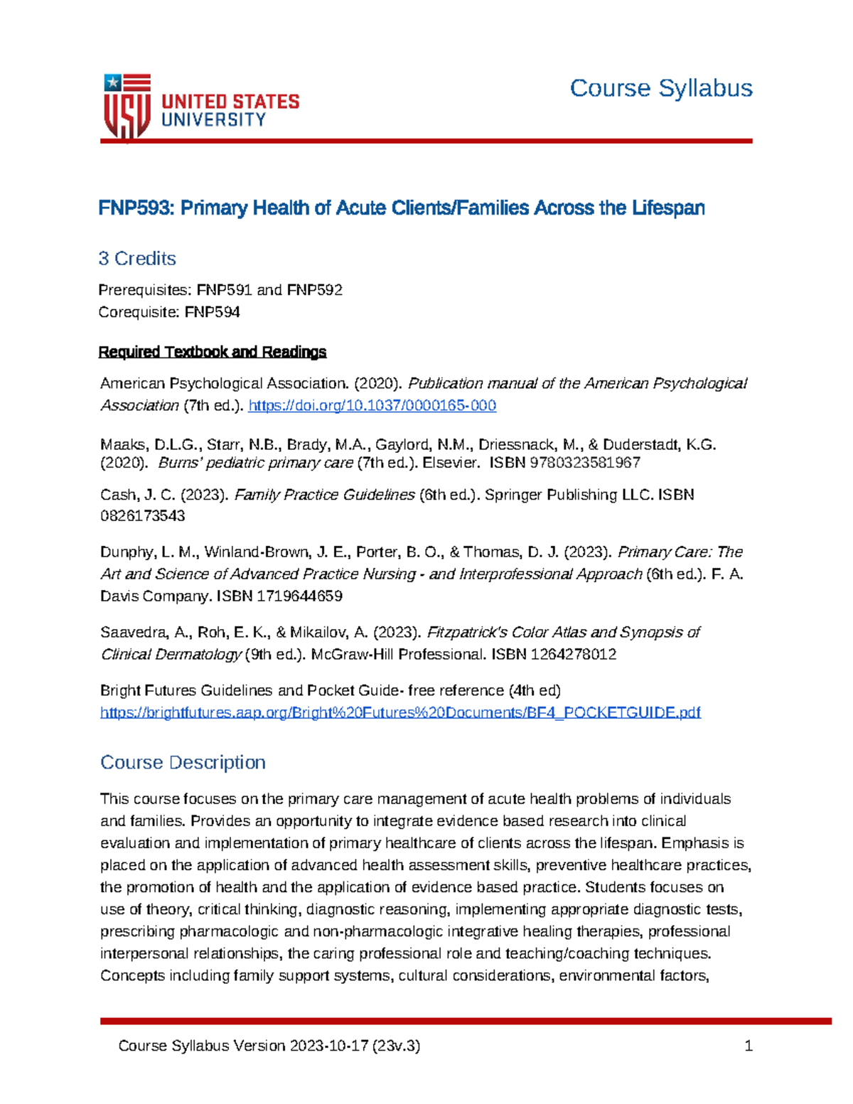 USU FNP 593 Syllabus: Advanced Primary Healthcare for Acute Clients ...