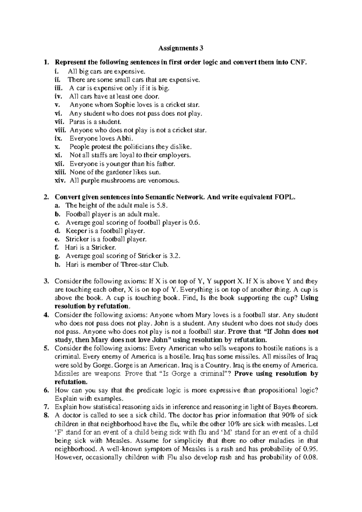 Assignments 3: First Order Logic & Semantic Networks - Chapter 4 - Studocu