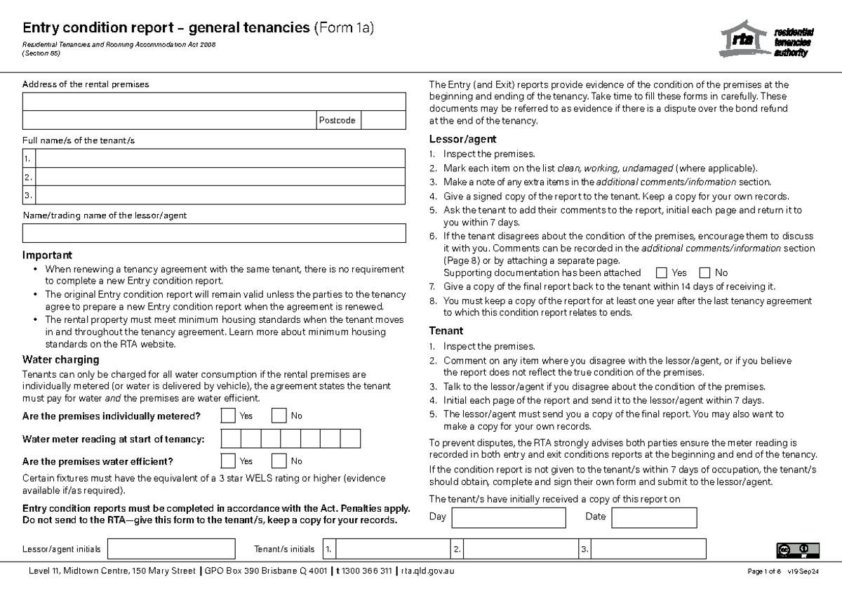 Form 1a: Entry Condition Report for General Tenancies (RTA 2008) - Studocu