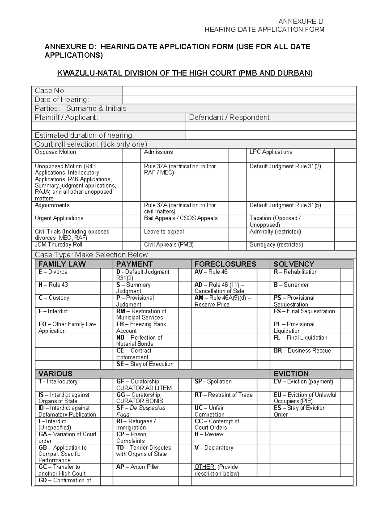 Annexure D: Hearing Date Application Form for High Court Cases - Studocu