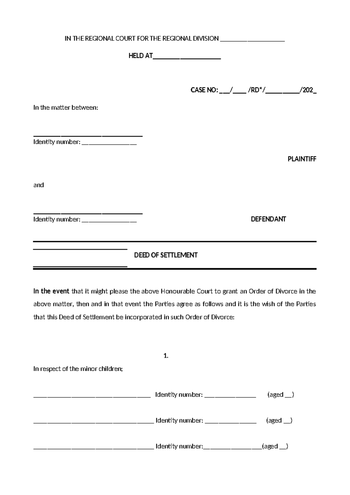 Pleadings PACK: Divorce Deed of Settlement (DIY) - Studocu