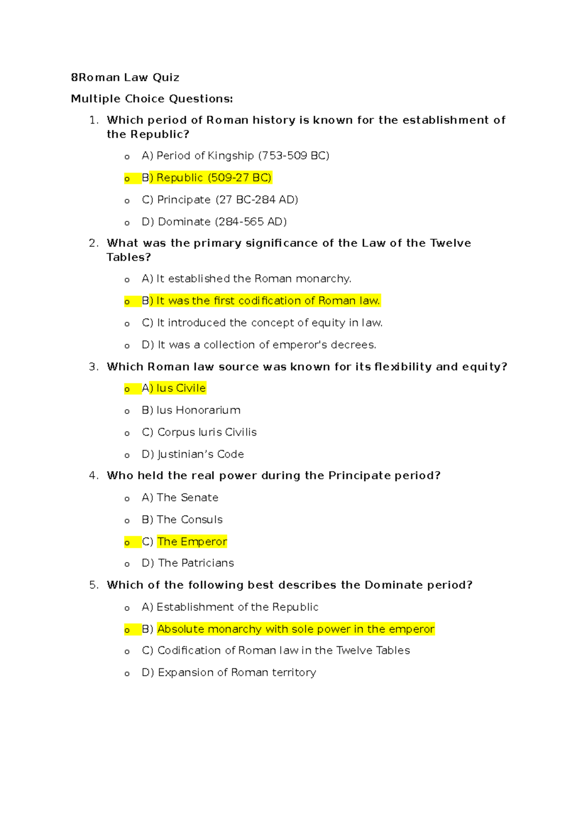 Quiz on Roman Law - Chapter 2 Insights and Key Concepts - Studocu