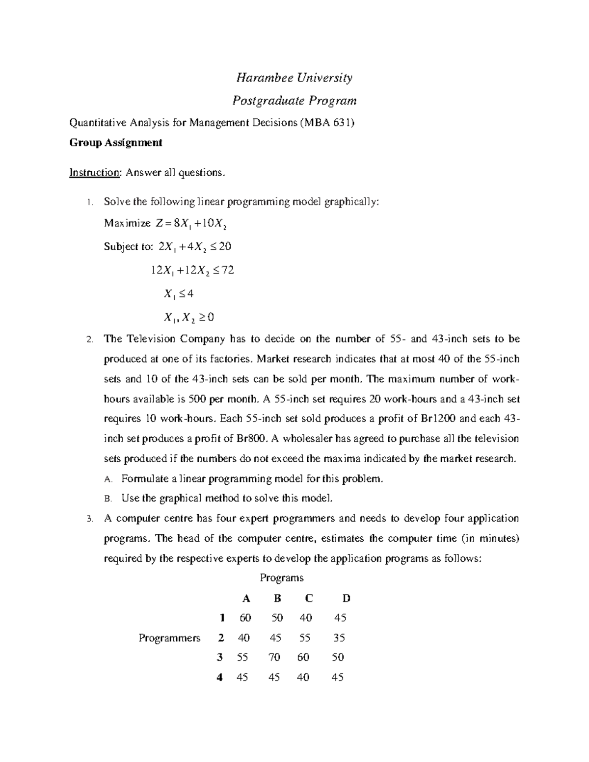 Group Assignment(Quantitative) - Harambee University Postgraduate ...