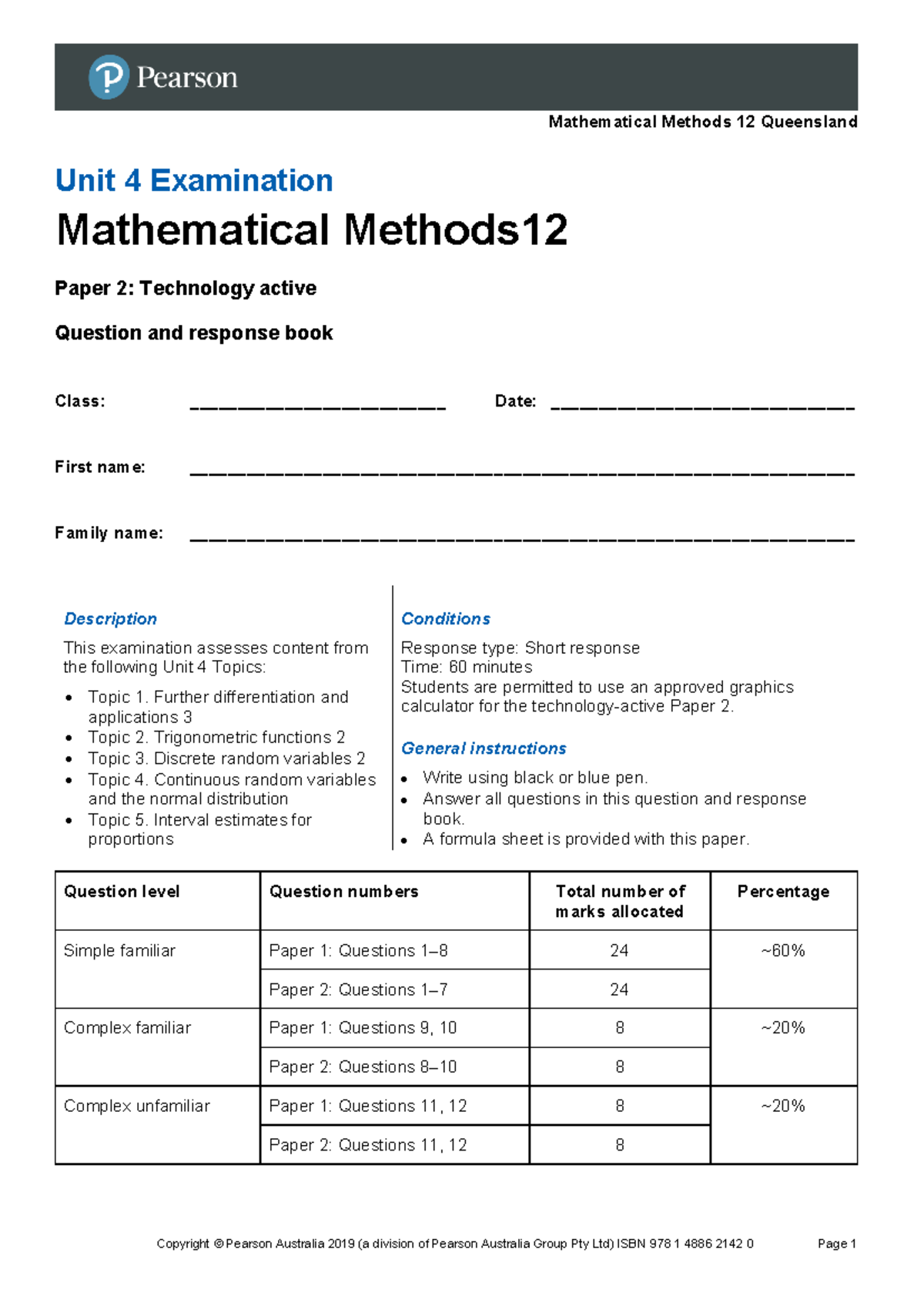 Mathematical Methods 12 QLD Unit 4 Prac Exam - Tech Active Paper - Studocu