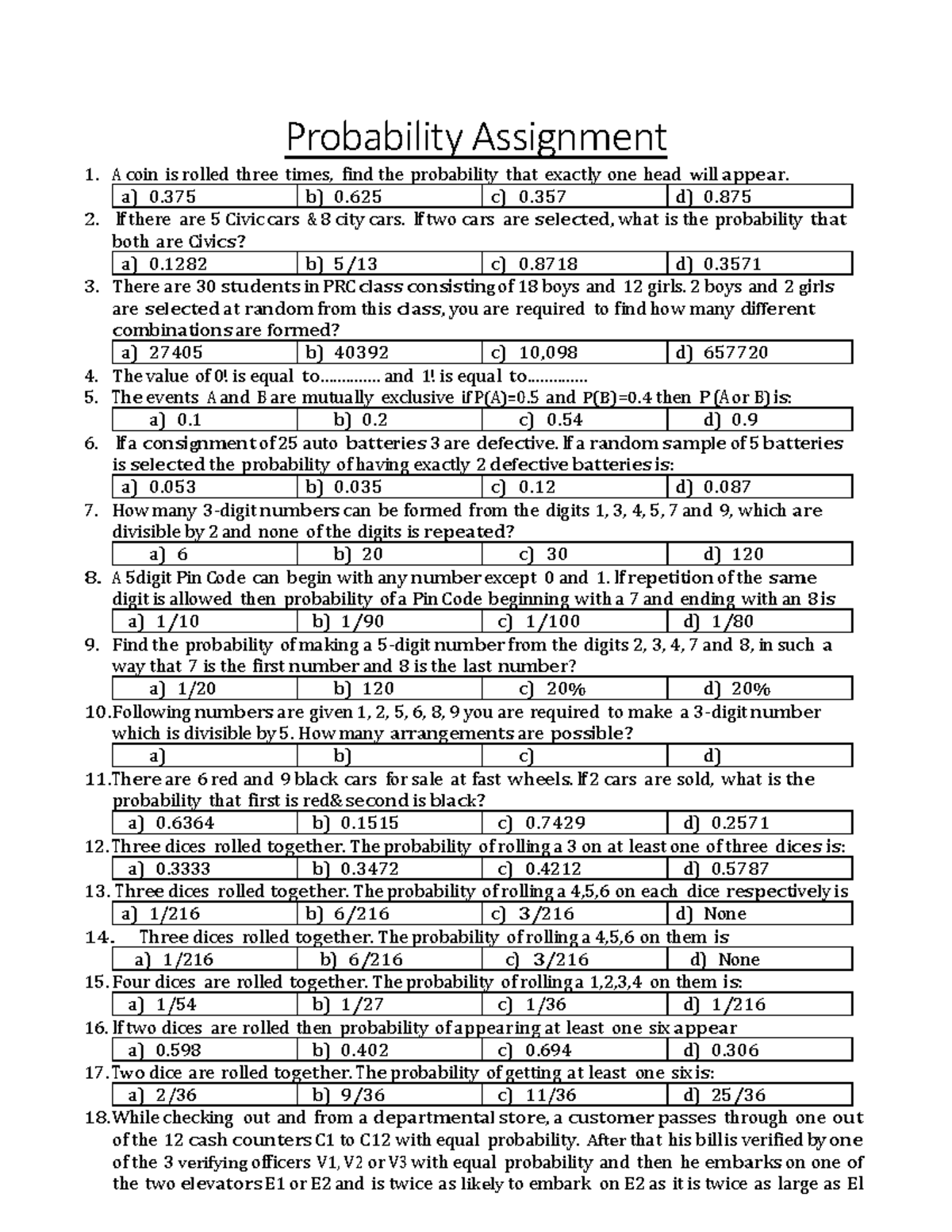 Probability Assignment 1: Coin Tosses, Combinations, and Events ...