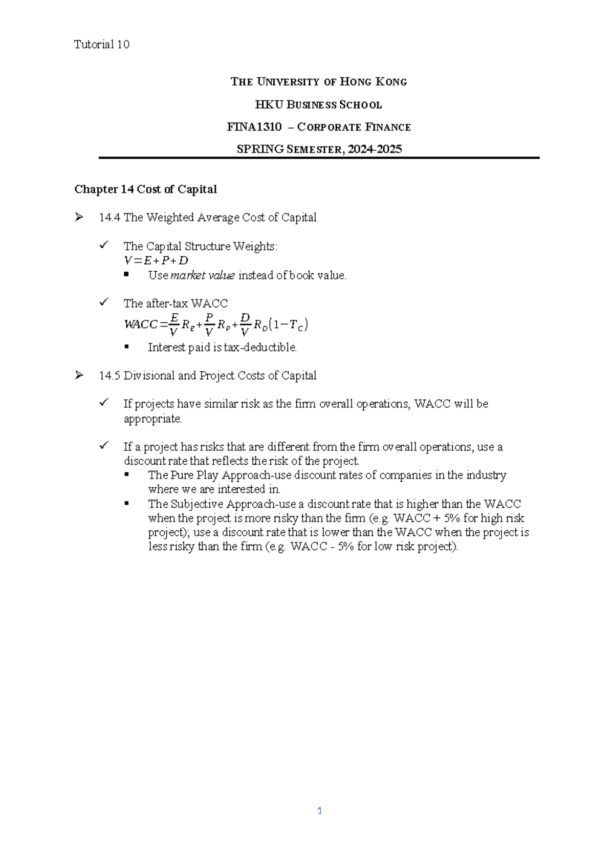 FINA1310 Tutorial 10: Cost of Capital & WACC Analysis in Corporate ...