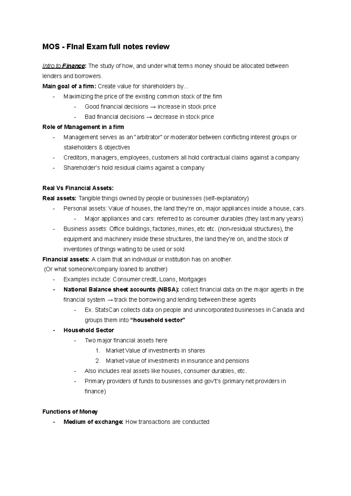 MOS - Final Exam Comprehensive Notes for Intro to Finance - Studocu