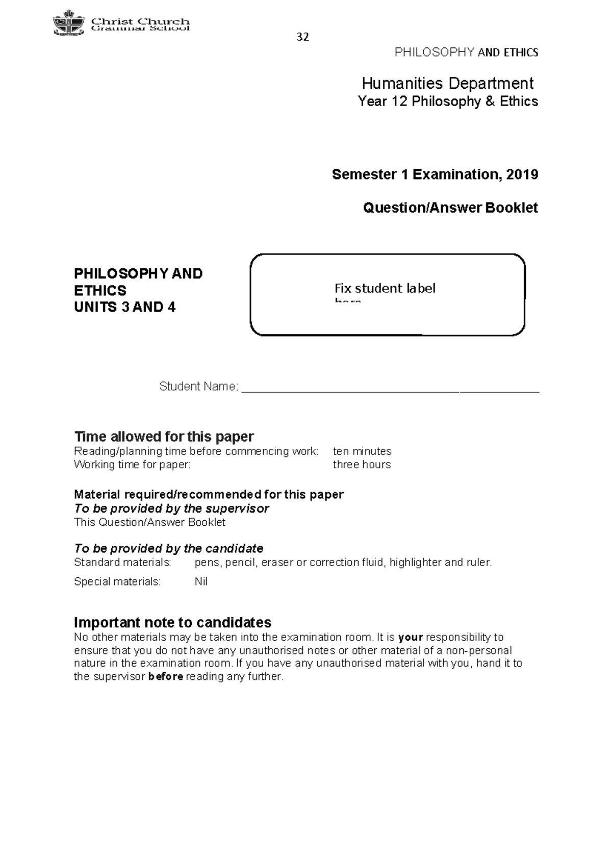 2023 Year 12 PHILOSOPHY AND ETHICS Sem 1 Exam Paper - Studocu