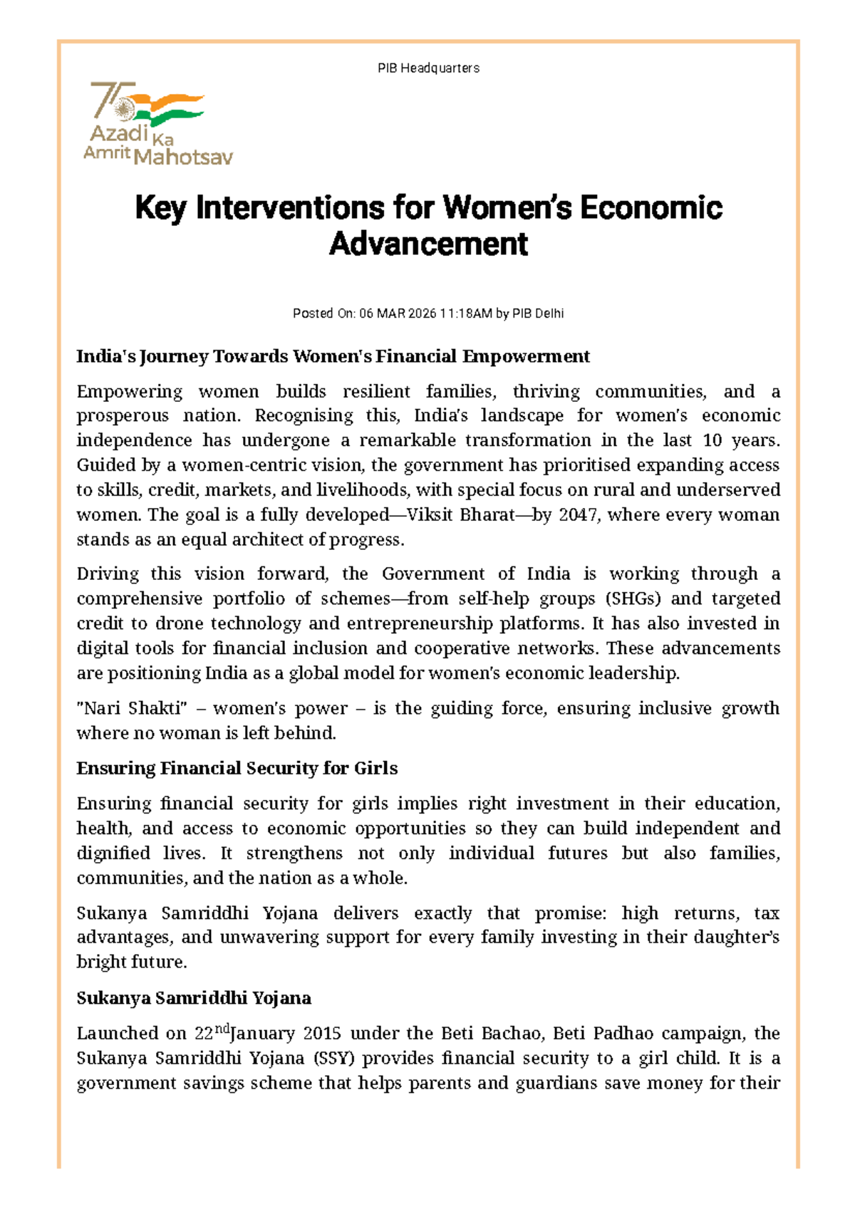 Govt Initiatives for Women Empowerment: PIB Report on Economic Growth ...
