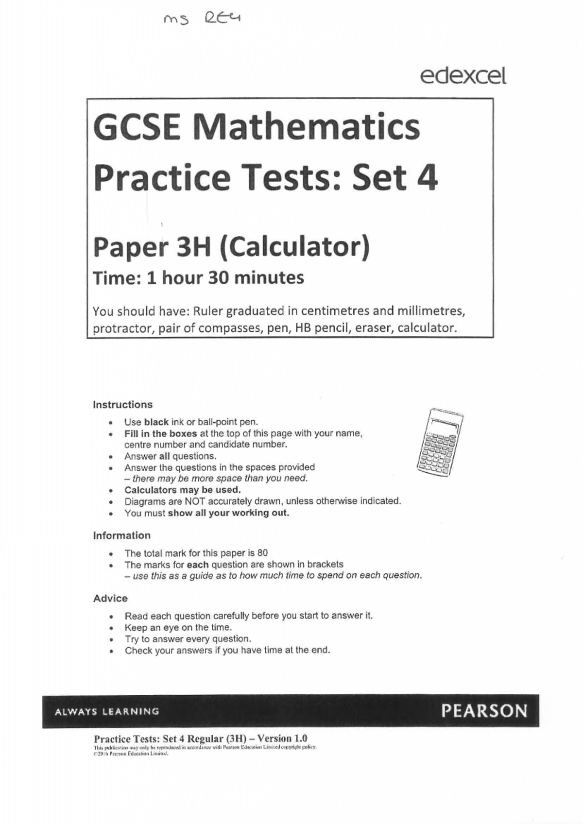 GCSE Mathematics Practice Test Paper 3H - Set 4 (Edexcel) - Studocu