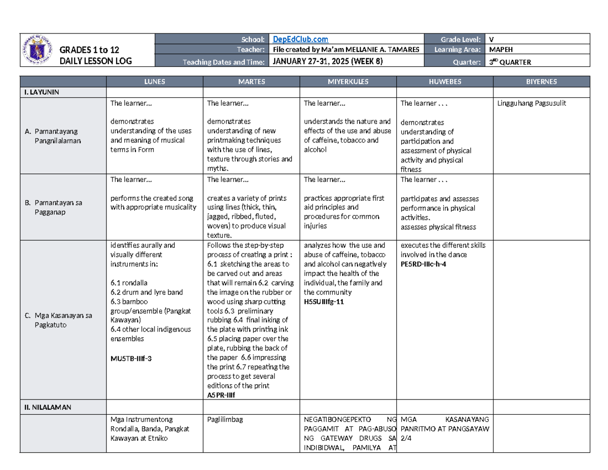 DLL Mapeh 5 Q3 W8 v2 - thanks - GRADES 1 to 12 DAILY LESSON LOG School ...