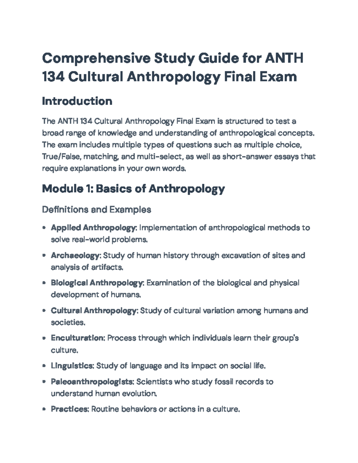 Comprehensive Study Guide for ANTH 134 Cultural Anthropology Final Exam ...