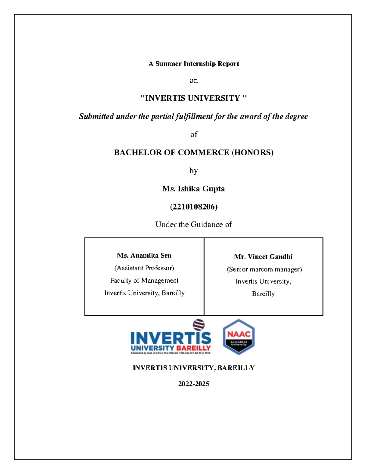 crm internship done in invertis - A Summer Internship Report on ...