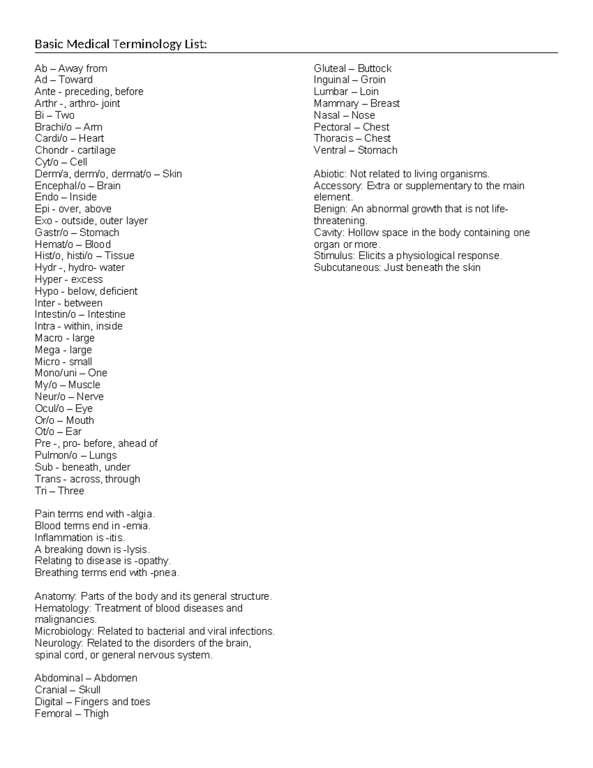 Basic Medical Terminology List for Health Sciences (MED101) - Studocu