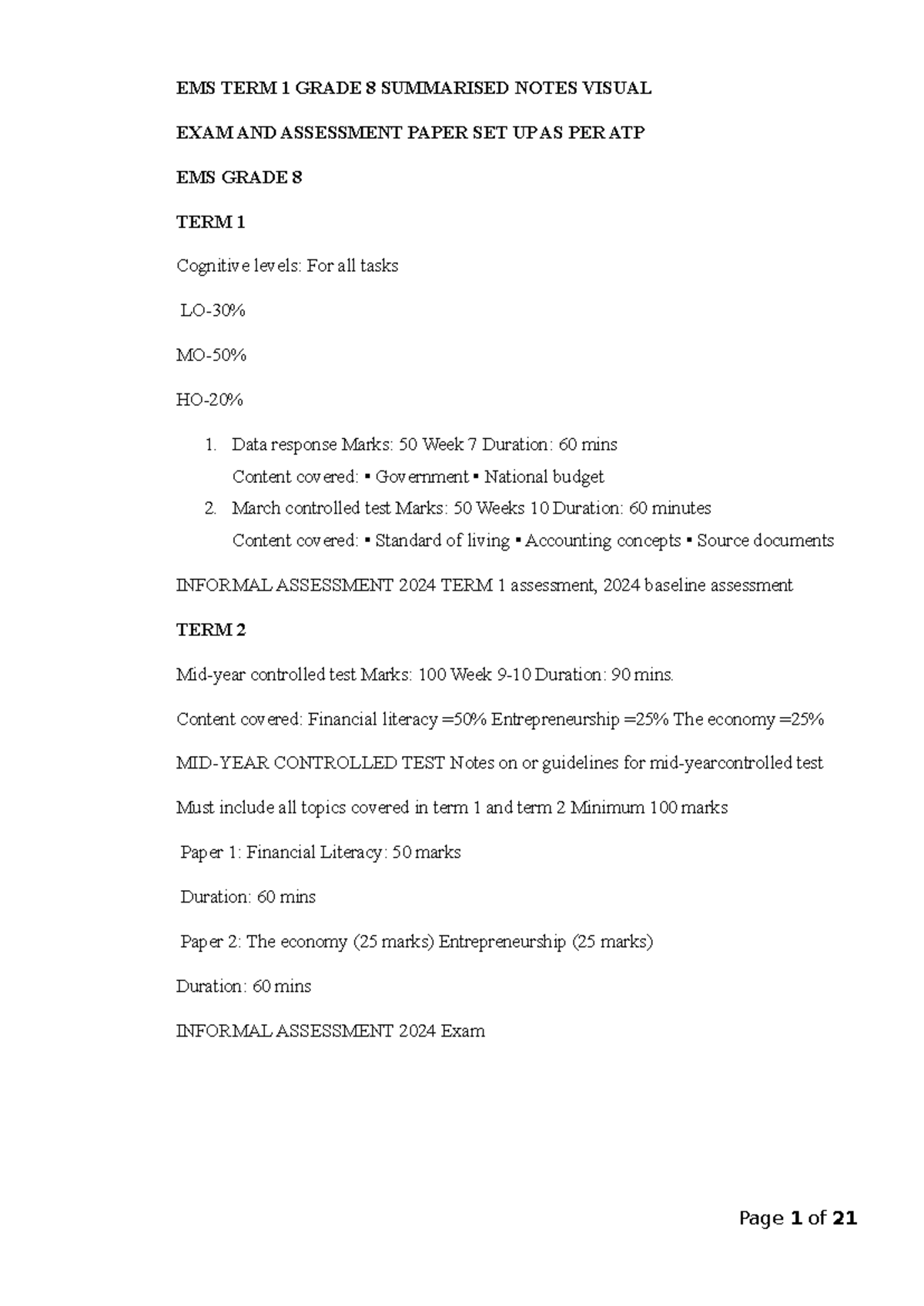 EMS TERM 1 GRADE 8 SUMMARISED NOTES FOR VISUAL EXAM 2025 - Studocu